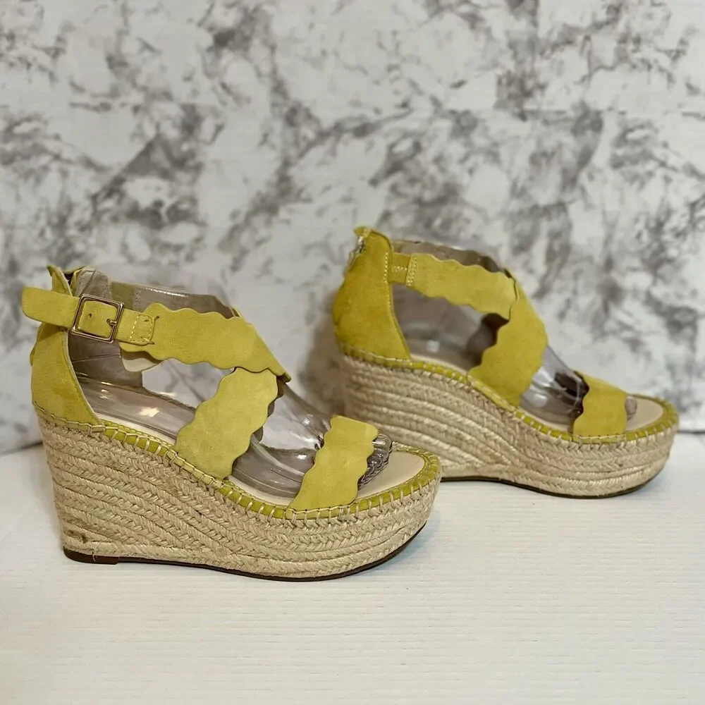 Marc Fisher Espadrille Platform Suede Wedge Sandals Womens 7.5 Yellow Boho Y2K